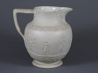 A Turnerware style white glazed jug decorated classical figures  7" - chip to spout
