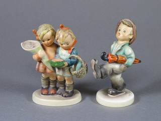 A Goebel figure of a whistling walking boy 4" and 1 other of 2 standing girls with basket - f and r, 4"