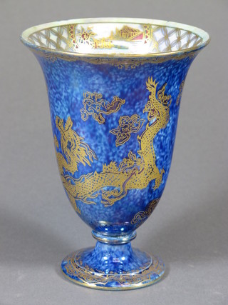 A 1930's Wedgwood blue glazed lustre ware trumpet shaped  vase decorated dragons 5.5"