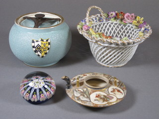 A Japanese Satsuma squat shaped teapot 4" - f and r, lid missing,  a Carltonware tobacco jar decorated crest, a late Dresden basket  and a glass paperweight