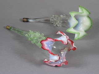 A Vaseline glass trumpet shaped epergne vase 9" and 1 other