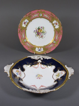 A Mintons cabinet plate with pink and gilt banding decorated flowers 9.5" and a Coalport twin handled platter with blue and  gilt banding 9"