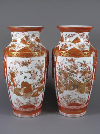 A pair of Japanese Kutani vases with panelled decoration depicting birds and courtly figures 13"