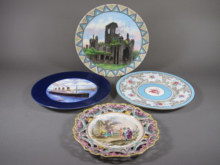 A faience plate decorated figures and with ribbonware border 8.5", a Continental plate decorated a ruined Abbey, a Shelley  plate with floral decoration and a plate decorated Titanic