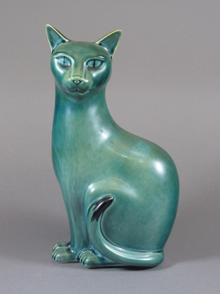 A Poole Pottery figure of a seated blue glazed cat 11.5"