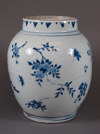 A 19th Century Chinese blue and white porcelain ovoid jar with floral decoration  10",