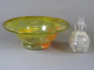 A Dutch etched glass 2 handled clear glass bottle and a circular yellow Art Glass bowl 11.5"