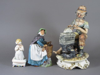 A biscuit porcelain figure of a kneeling praying girl 6", a Royal Doulton figure - Old Meg HN2494 8" and a Capo di Monte  figure - The Knife Sharpener 13.5"