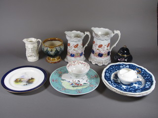 2 graduated pottery jugs, a circular Doulton jardiniere raised on a spreading foot 5", an invalid feeding cup and a collection of  various decorative china