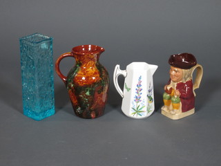 A square Whitefriars style blue glass vase 9", a Wealdon style  jug 7" and a collection of decorative ceramics