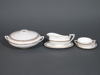 A 49 piece Royal Worcester Gold Anniversary pattern dinner  service comprising 13" oval meat plate, 2 circular tureens and  covers 10", 15 saucers 6", 9 twin handled soup bowls - 1  cracked, 3 tea plates 6", 9 side plates 8" - 1 chipped, sauce boat  and stand, 9 dinner plates 10"