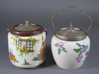2 pottery biscuit barrels, floral decorated with silver plated  mounts 6" and a glass mustard pot