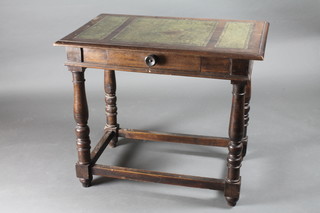 An 18th Century style stained beech side table with inset  skiver, fitted 1 long drawer raised on turned supports with box  stretcher 35"w x 22"d x 30"h