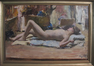Hyde?, oil on canvas, an impressionist interior scene, Reclining  Nude, signed 19.25"h x 29"w