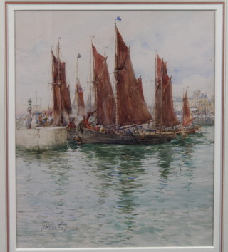 Frances E Nesbitt, British 1864-1934, watercolour on paper, a "Sailing Barges at Harbour", signed, 12"h x 10"w