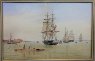 William Frederick Settle, British 1821-1897, watercolour on  paper, "Estuary Scene of British Men of War at Anchor"  monogrammed and dated '85, 8.5"h x 13"w