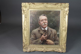 Lance Calkin, British 1859-1936, oil on canvas, an early 20th Century head and shoulder portrait of a gentleman, wearing a  tweed sports jacket and waistcoat with pipe, signed and dated  1913 24.75"h x 21"w, within a foliate carved giltwood frame,  frame 35"h x 32.5"w  ILLUSTRATED