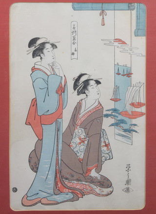 An early 20th Century Japanese wood block print "Two Young  Girls Amongst a Stylised Landscape" 14.5"h x 9.5"