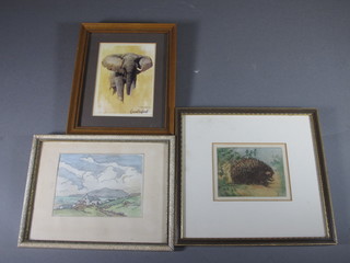 20th Century Irish School, watercolour and crayon on paper  a pastoral landscape with farmstead - "Wicklow Head" 3.5"h x  5"w together with a David Shepherd print study of a charging  Bull Elephant and a steel plate coloured engraving of a  Hedgehog by Dr Sparrow