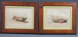 W W May, watercolour on paper, study of beached fishing  launch 5"h x 7"w, together with a companion piece 5"h x 7"w