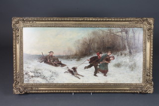 James Crawford Thom, American 1835-1898, oil on wooden  panel study of children gathering wood with a sledge with a  winter wooded landscape" 16"h x 35"w, signed and dated JC  Thom 1867,  ILLUSTRATED