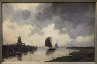 J Van Couver, 19th Century Dutch School, impressionist oil on canvas, "River Scape with Sailing Barges and a Windmill" signed  11.5"h x 17.75"w