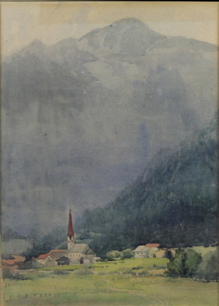 An early 20th Century Continental School, watercolour on paper "Mountainous Landscape with Alpine Village in Foreground",  bears signature E K S Powell, 14"h x 10"w