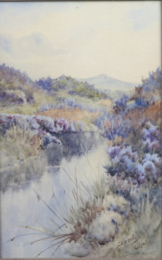 A watercolour on paper study of a moorland stream, indistinctly signed 8.5"h x 5.5"w