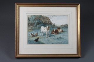 Claude Cardon, fl.1892-1920, watercolour on paper "A Corner  of the Farmyard" study of cows and chickens amongst a rural  farmstead, signed, 10"h x 14"w  ILLUSTRATED