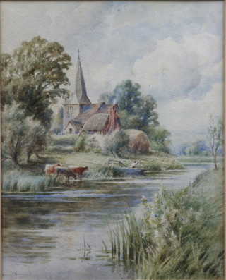 Henry John Kinnard, fl.1880-1920, watercolour on paper "Rural  Landscape with Cattle Watering in Front of a Sussex Church"  9.5"h x 7.5"w