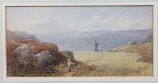 John Henry Mole, British 1814-1886, watercolour on paper "A  View of the Welsh Hills from the North Devon Coast" 4.75"h x  9.75"w