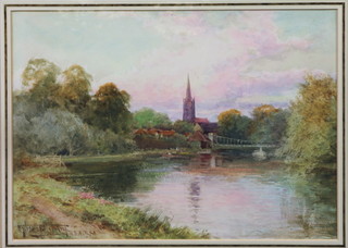 Henry John Sylvester Stannard, RSA, British 1870-1951,  watercolour on paper "Marlow on the Thames with Trinity Church" 9.5"h x 13.5"w