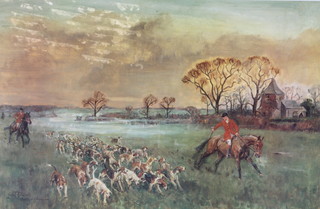 After Lionel Edwards, a coloured equine print "The Crawley and Horsham Hunt Stopping Hounds at Twineham Church" 17"h x  25.5"w