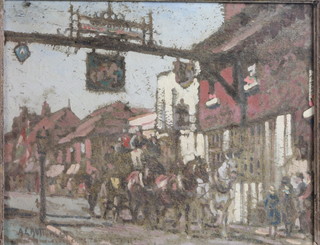 Albert Ernest Bottomley, 1873-1950, 29th Century British  School, oil on canvas, coaching scene "The George, Crawley" 15"h x 19"w