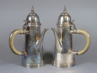 A pair of Edwardian Britannia standard silver Queen Anne style side handled coffee pots  of waisted form with lids,  hallmarked London 1903, makers mark for Lionel Alfred Crichton (Crichton Bros).  36 ozs   ILLUSTRATED
