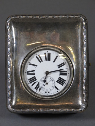 A leather and silver mounted travelling watch case, Birmingham  1910 containing a Goliath style open faced travelling clock