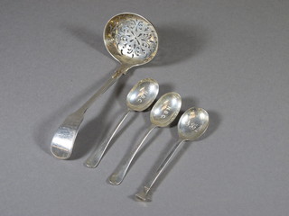 A Victorian silver Old English pattern sifter spoon, London 1850  and 3 silver coffee spoons, 3 ozs