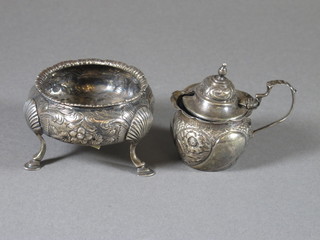 A Victorian circular embossed silver salt London 1839 maker Holland Aldwinckle & Slater and a circular embossed silver  mustard pot 4ozs