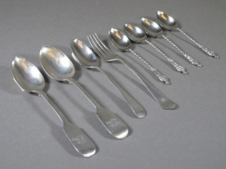 2 Victorian Scots silver fiddle pattern teaspoons 1855 and 1858,  4 silver apostle spoons, an Old English silver teaspoon and a do.  fork 3 ozs