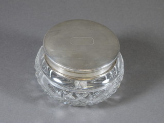 An Art Deco circular cut glass dressing table jar with silver lid, Birmingham 1937 4"
