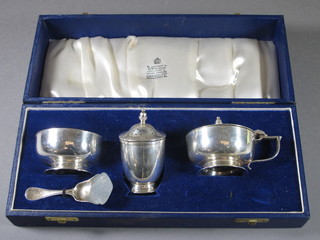 A silver 3 piece condiment set comprising salt, mustard and pepper, London 1969 by Garrards, together with a Continental  caddy spoon, 8ozs, cased