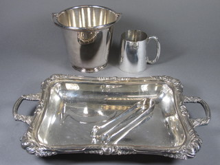 A silver plated ice pail and tongs, do. half pint tankard and a do.  dish