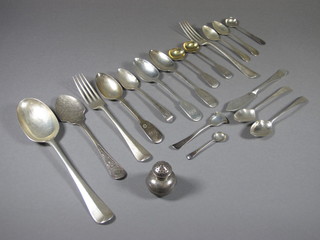 A silver fiddle pattern table spoon, 2 do. forks, London 1913,. 2 Georgian Old English pattern teaspoons, 4 Victorian silver fiddle  pattern teaspoons, 2 Victorian silver fiddle pattern mustard  spoons, silver jam spoon, silver butter knife, 5 other items of  flatware and a pepperette, 12 ozs