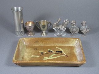 2 German glass and silver salts in the form of chicks, do. swan, silver plated egg cup, do. trophy cup, a Royal Sovereign pewter  vase and an Art Pottery tray