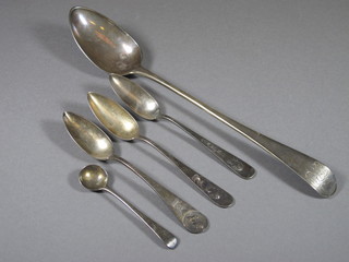 A George IV silver serving spoon, London 1831, a George III silver mustard spoon and 3 American sterling spoons 5.5 ozs