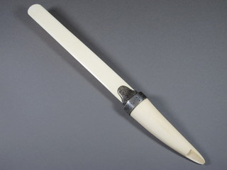 An Edwardian ivory and silver mounted newspaper opener with  silver band, Birmingham 1910, 16", chip to handle