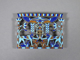 A 1920's French silver gilt belt buckle in the Egyptian taste, enamelled with Egyptian motifs 2.5"w