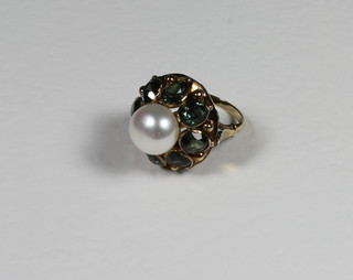 A 14ct gold cluster ring set sapphires and with pearl to the centre