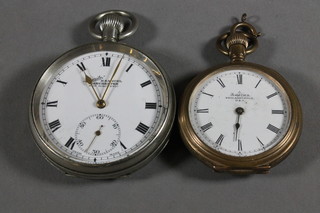 An open faced pocket watch by H Samuel contained in a gun metal case and an open faced pocket watch contained in a gilt  metal case