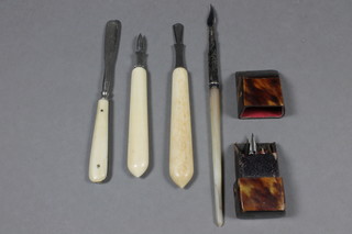 A miniature "tortoiseshell" nib case 1.5", a silver and mother of  pearl mounted dip pen and 3 manicure implements